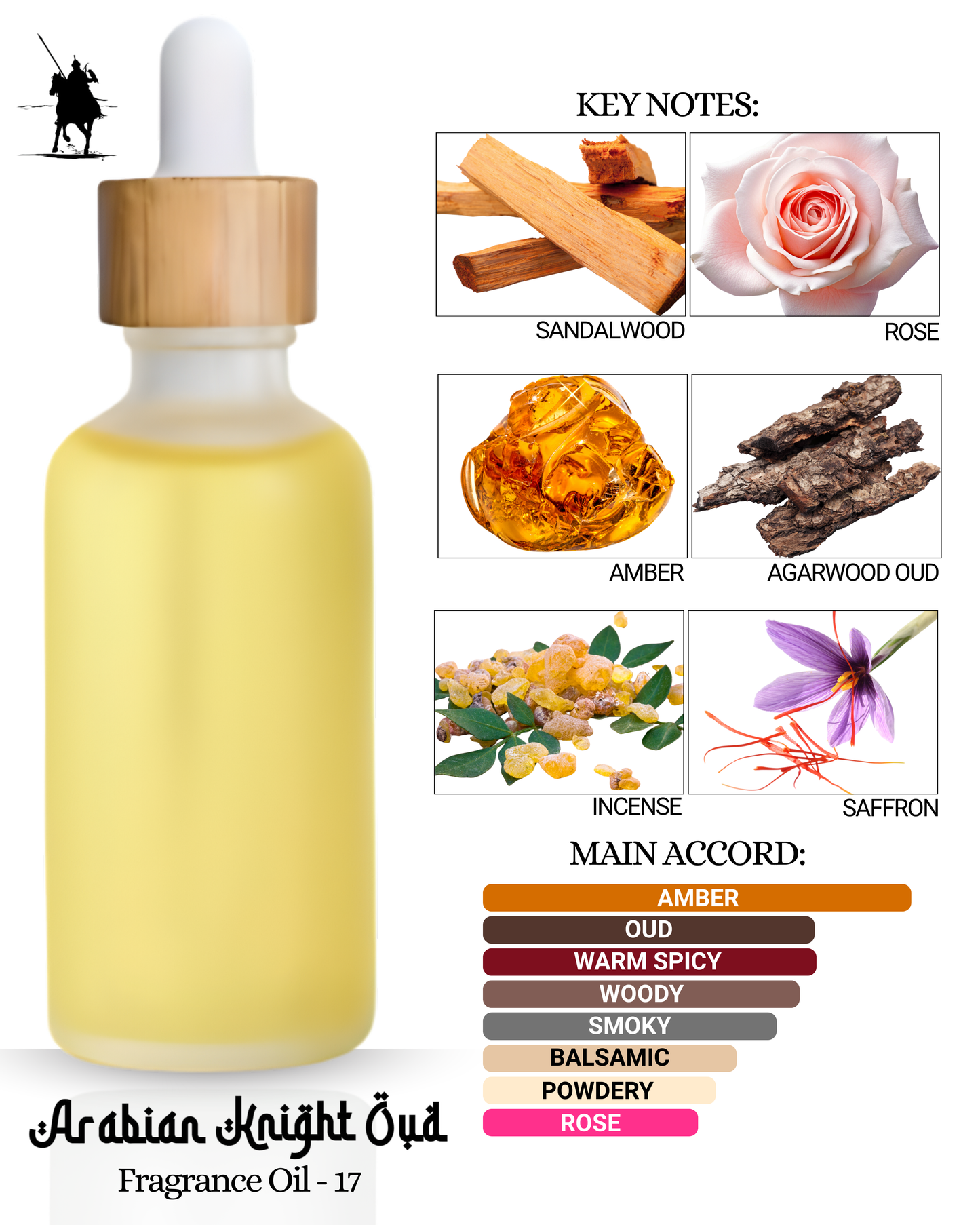 Fragrance Oil 17 – Inspired by Oud Royale. Alcohol-free Arabian perfume oil with sandalwood, rose, amber, oud, incense, and saffron. 5ml • 10ml • 15ml • 20ml • 30ml