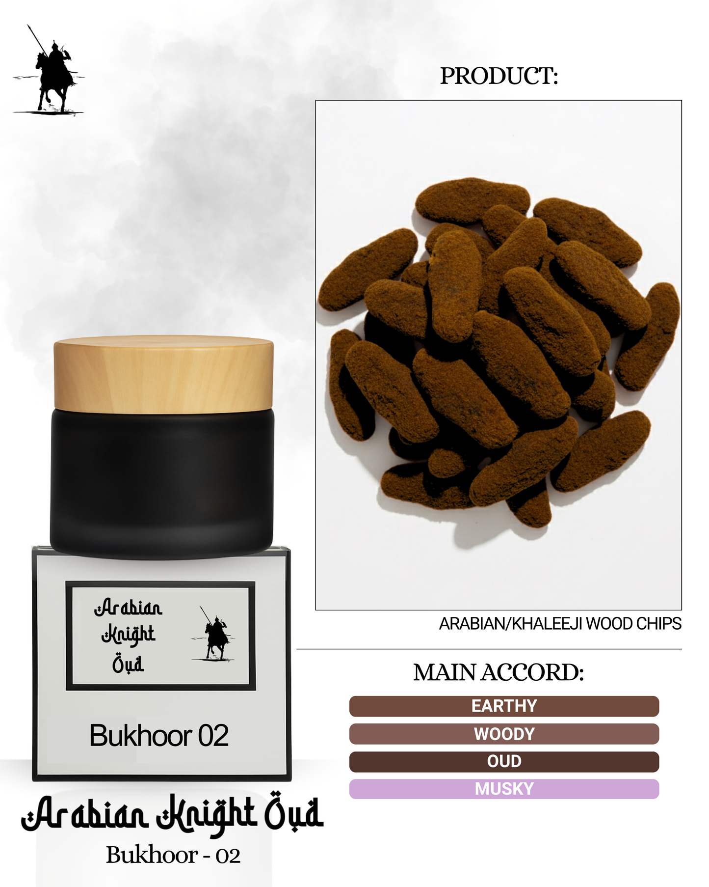 Discover Bukhoor 02 – authentic Arabian/Khaleeji wood chip incense delivering a rich earthy oud and musky aroma. Long-lasting, traditional and perfect for homes, salons, spas and spiritual spaces. 50g.