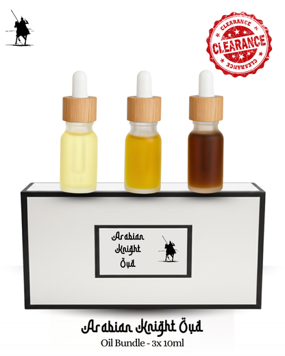 Clearance bundle of 3 x 10ml premium Arabian perfume oils for £30 – save £6. Alcohol-free, natural, long-lasting fragrances. Perfect for gifting or personal use.