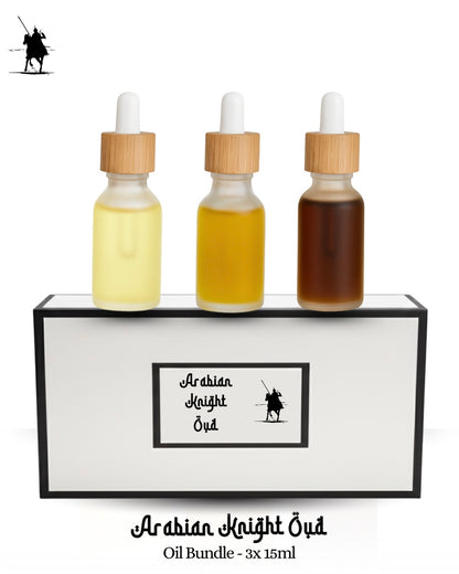 Bundle of 3 x 15ml premium Arabian perfume oils. Alcohol-free, natural, long-lasting fragrances. Perfect for gifting or personal use.