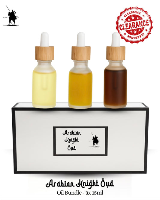 Clearance bundle of 3 x 15ml premium Arabian perfume oils for £40 – save £8. Alcohol-free, natural, long-lasting fragrances. Ideal for gifting or personal use.