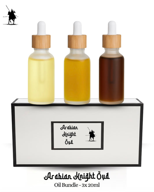 Bundle of 3 x 20ml premium Arabian perfume oils for £70 – save £20. Alcohol-free, natural, long-lasting fragrances. Ideal for gifting or personal use.