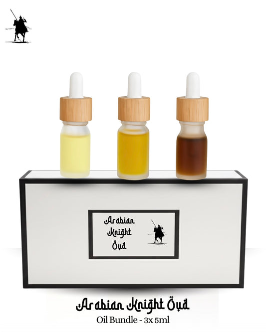Bundle of 3 x 5ml premium Arabian perfume oils for £25 – save £11. Alcohol-free, natural, long-lasting fragrances. Perfect for gifting or personal use.