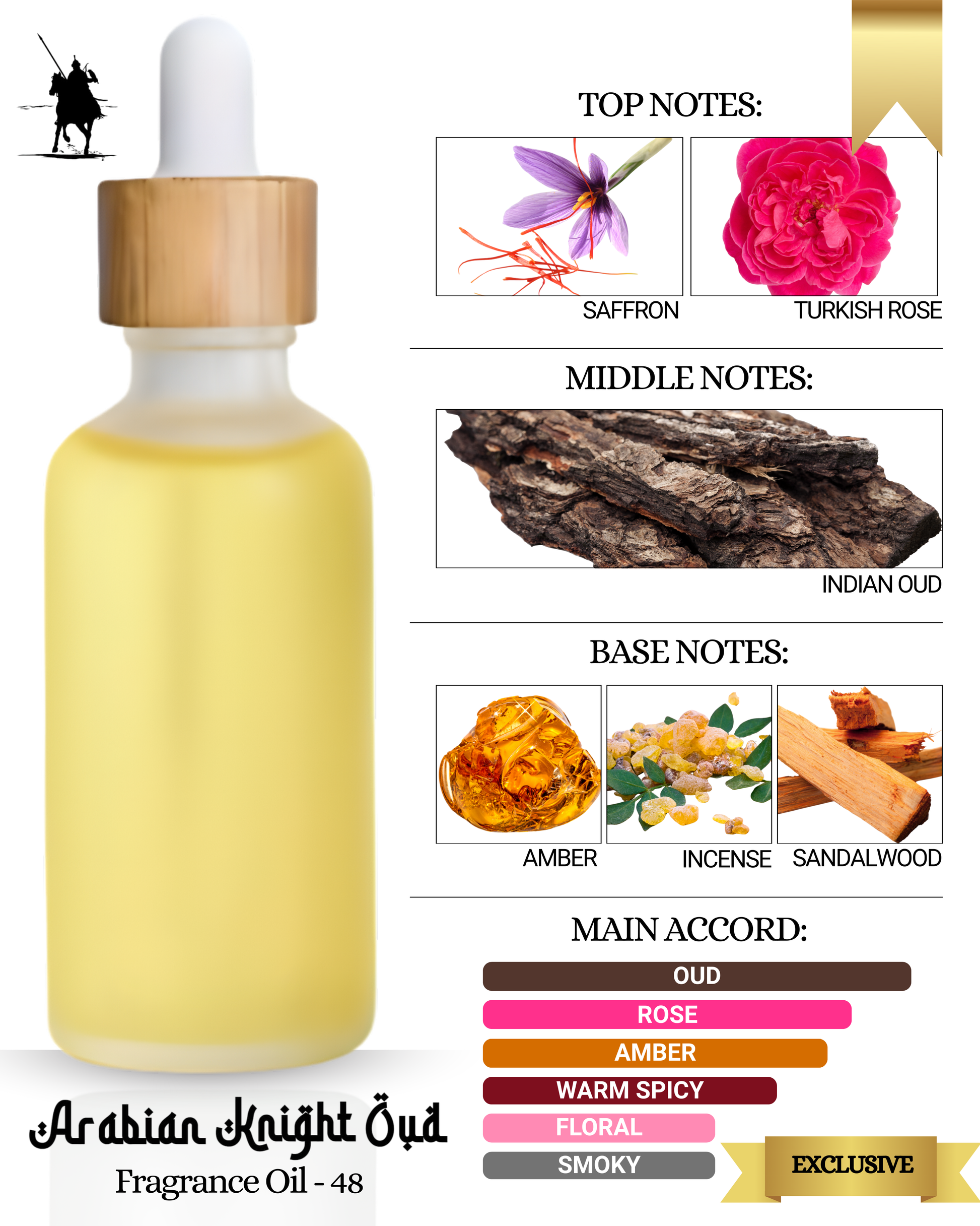 Exclusive Fragrance Oil 48 – Inspired by Frederic Malle The Night. Alcohol-free, natural Arabian perfume oil with oud, rose, amber, saffron, and smoky sandalwood notes. 5ml • 10ml • 15ml • 20ml • 30ml