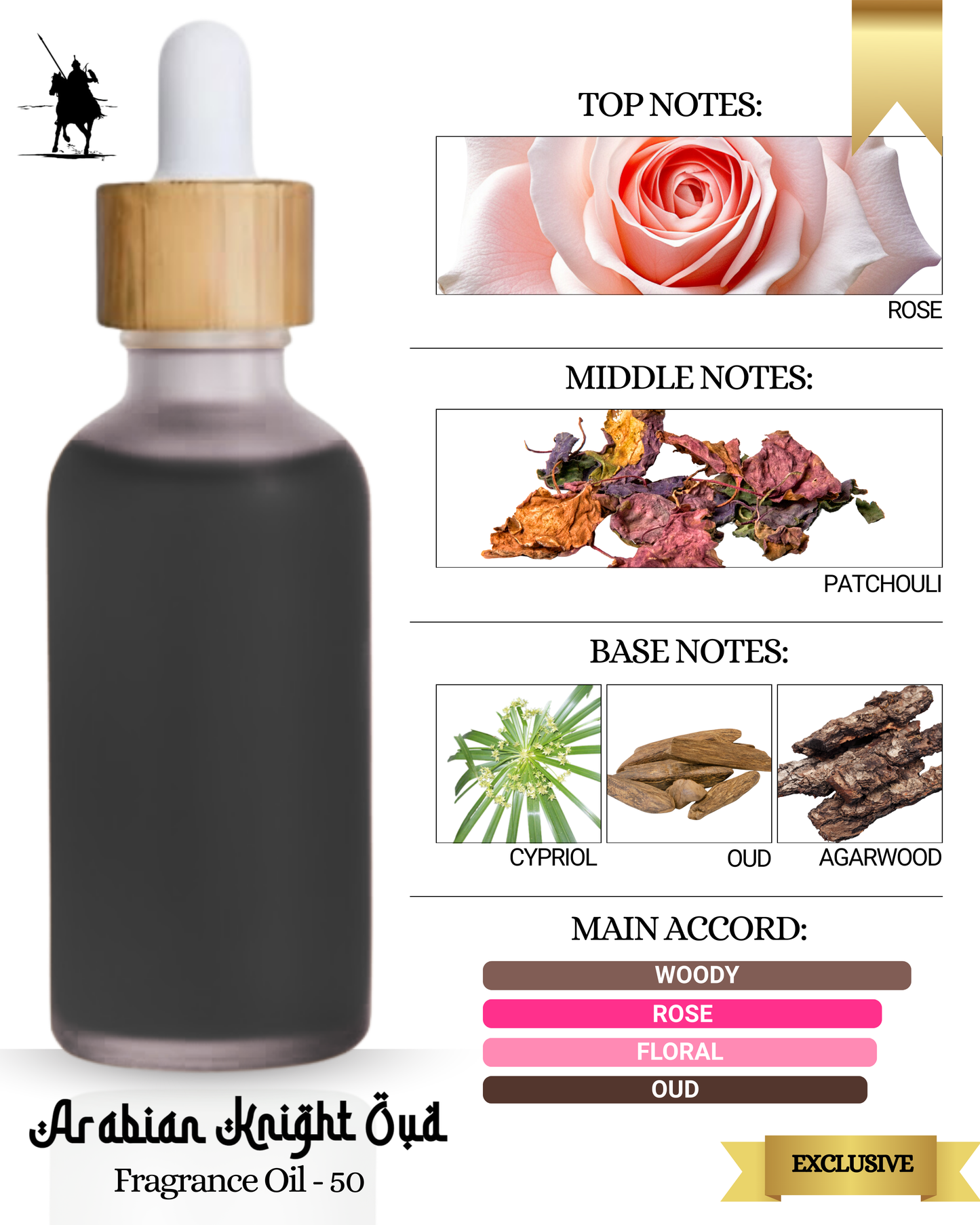 Exclusive Fragrance Oil 50 – Inspired by Cambodi Oud. Alcohol-free Arabian perfume oil with rose, patchouli, cypriol, oud, and agarwood notes. 5ml • 10ml • 15ml • 20ml • 30ml