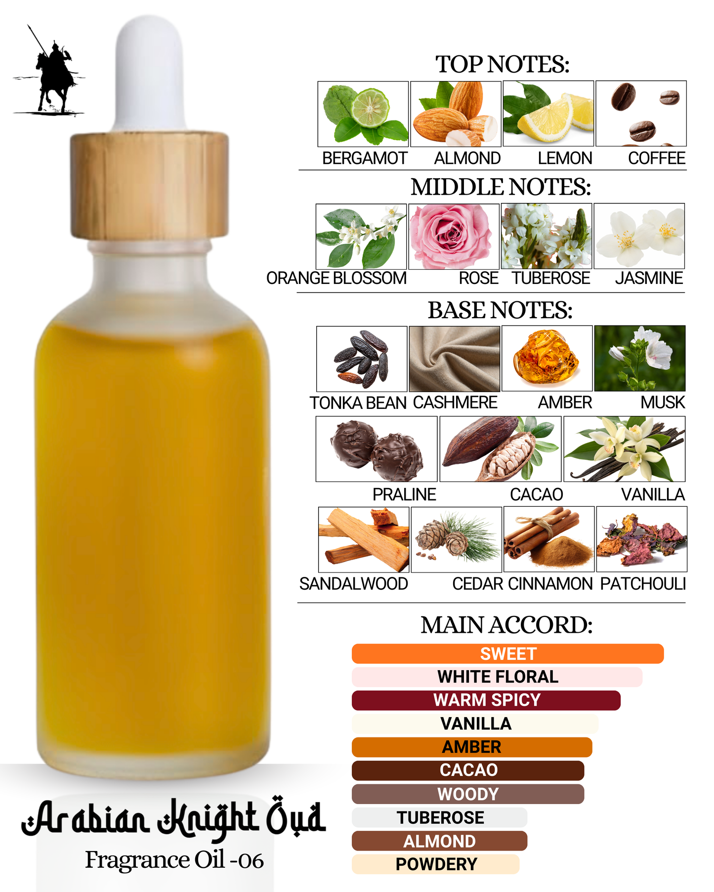 Fragrance Oil 06 – Inspired by Carolina Herrera. Alcohol-free Arabian perfume oil with sweet, floral, warm spicy, vanilla, amber, cacao, and woody notes. 5ml • 10ml • 15ml • 20ml • 30ml