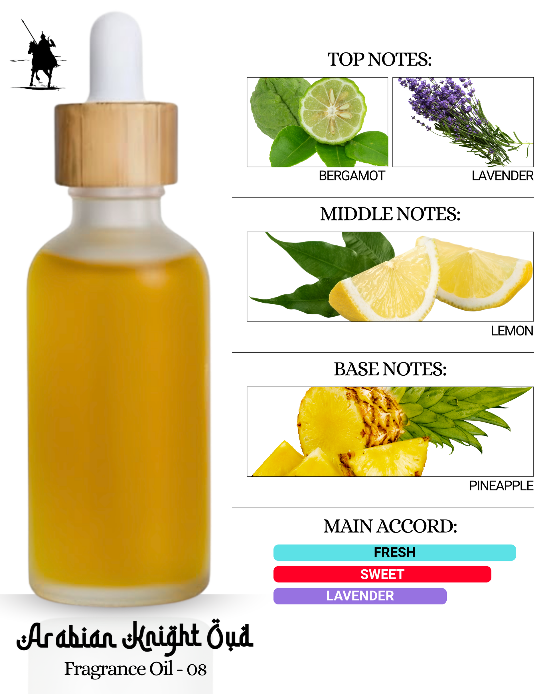 Fragrance Oil 08 – Inspired by Mont Blanc. Alcohol-free, natural Arabian perfume oil with bergamot, lavender, lemon, and pineapple notes. 5ml • 10ml • 15ml • 20ml • 30ml