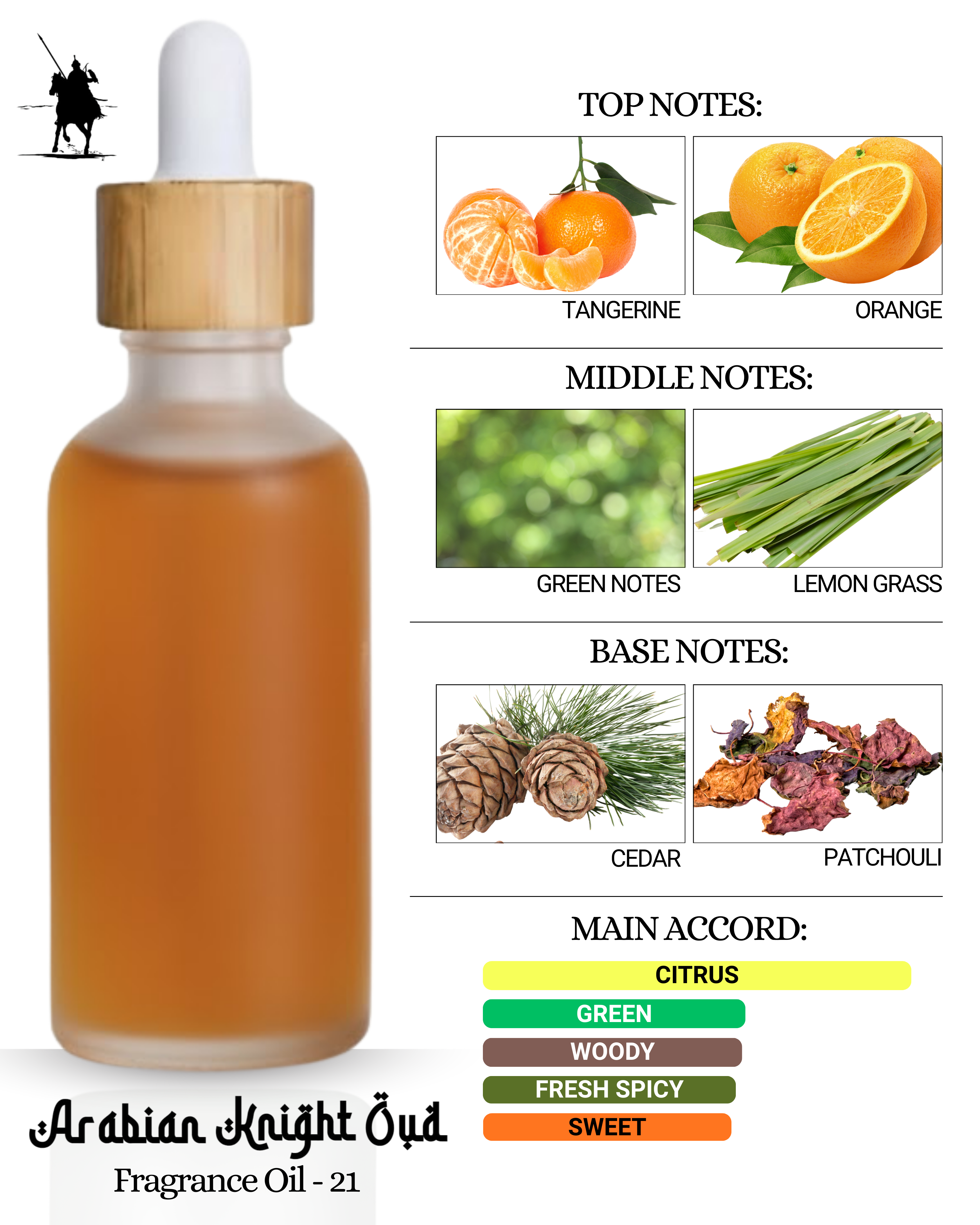 Fragrance Oil 21 – Inspired by Black Horse. Alcohol-free, natural Arabian perfume oil with mandarin, orange, green notes, lemongrass, patchouli, and cedar. 5ml • 10ml • 15ml • 20ml • 30ml