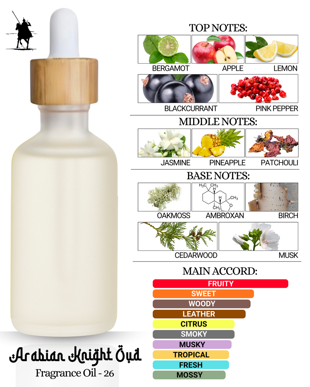 Fragrance Oil 26 – Inspired by Aventus Creed. Alcohol-free Arabian perfume oil with fruity, woody, citrus, musky, and tropical notes. 5ml • 10ml • 15ml • 20ml • 30ml