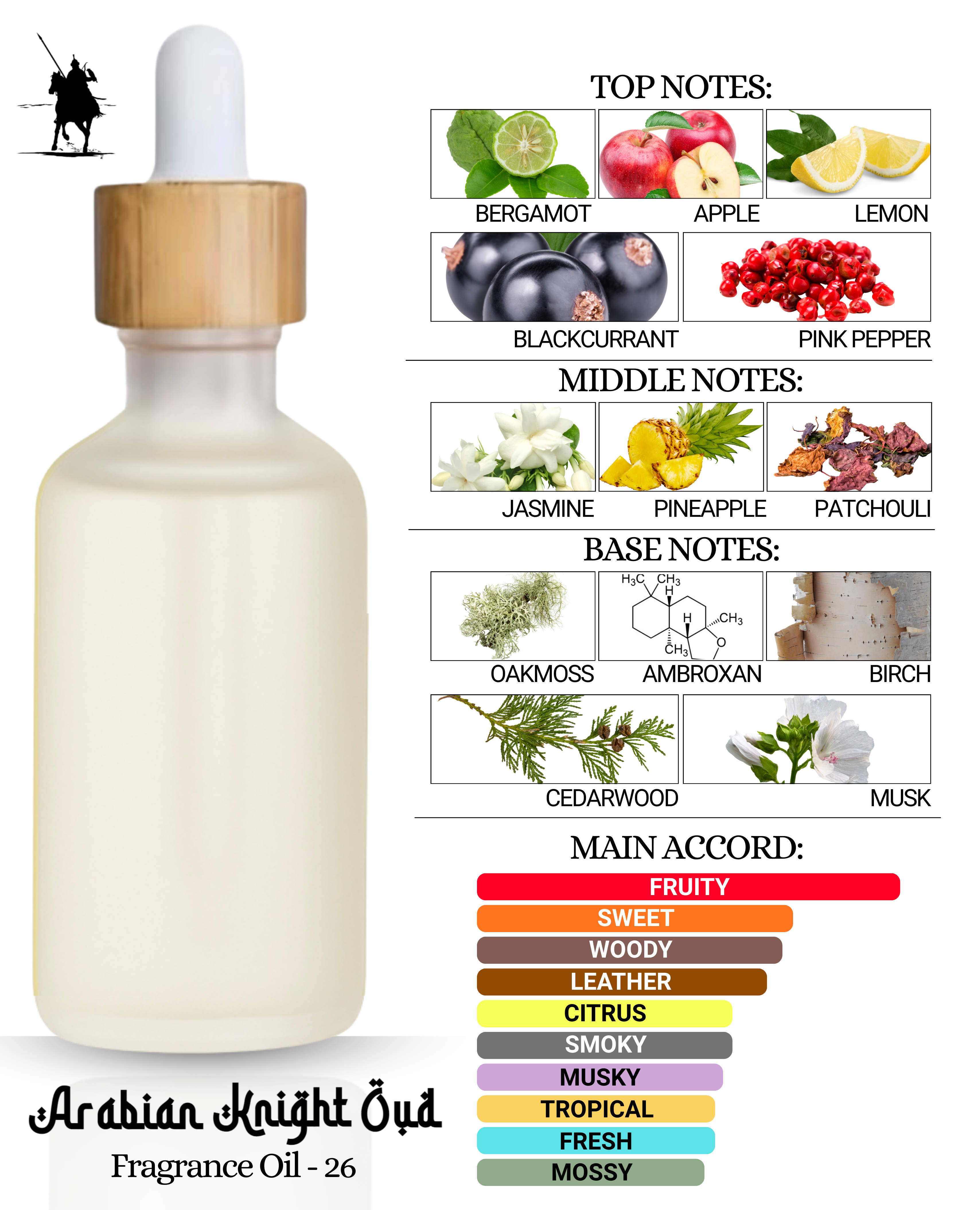 Fragrance Oil 26 – Inspired by Aventus Creed. Alcohol-free Arabian perfume oil with fruity, woody, citrus, musky, and tropical notes. 5ml • 10ml • 15ml • 20ml • 30ml