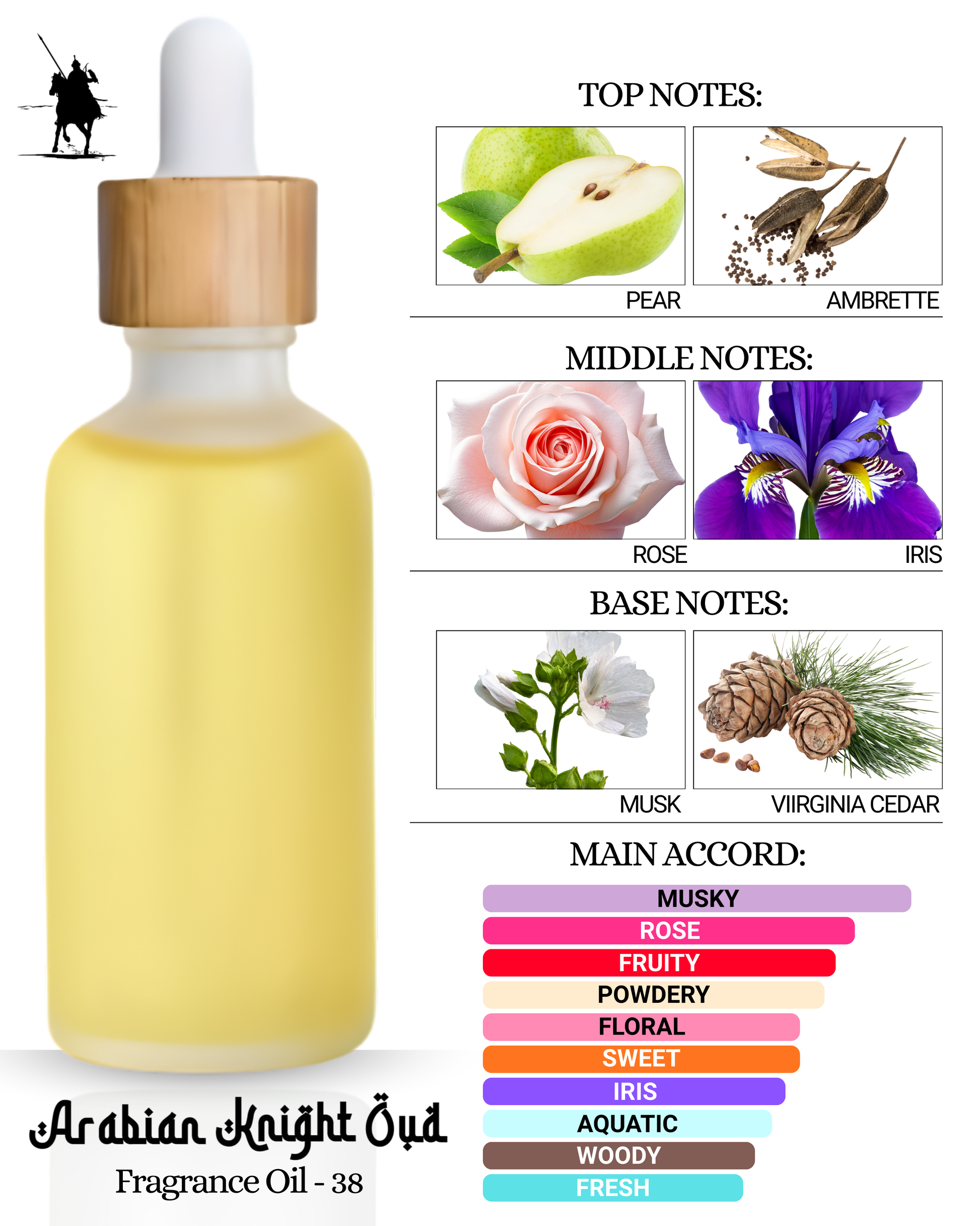 Fragrance Oil 38 – Inspired by Givenchy. Alcohol-free, natural Arabian perfume oil with pear, ambrette, rose, iris, musk, and cedar notes. 5ml • 10ml • 15ml • 20ml • 30ml
