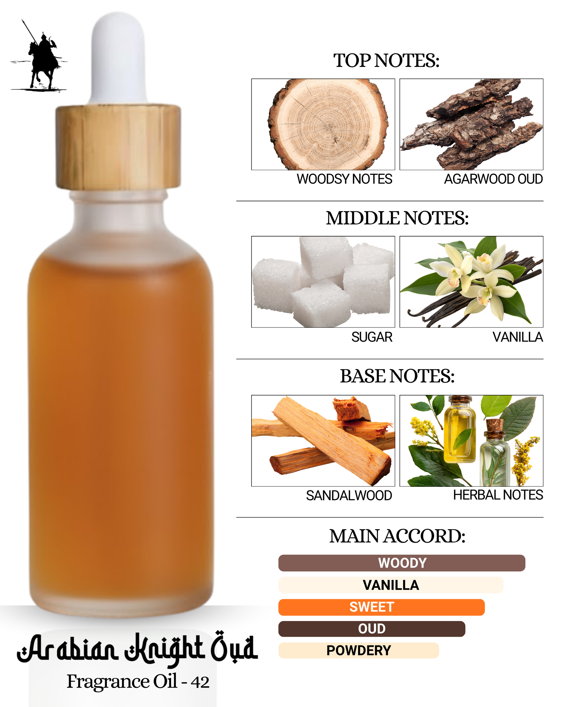 Fragrance Oil 42 – Inspired by Ameer Al Oud. Alcohol-free, natural Arabian perfume oil with woody, oud, vanilla, sweet, and powdery notes. 5ml • 10ml • 15ml • 20ml • 30ml