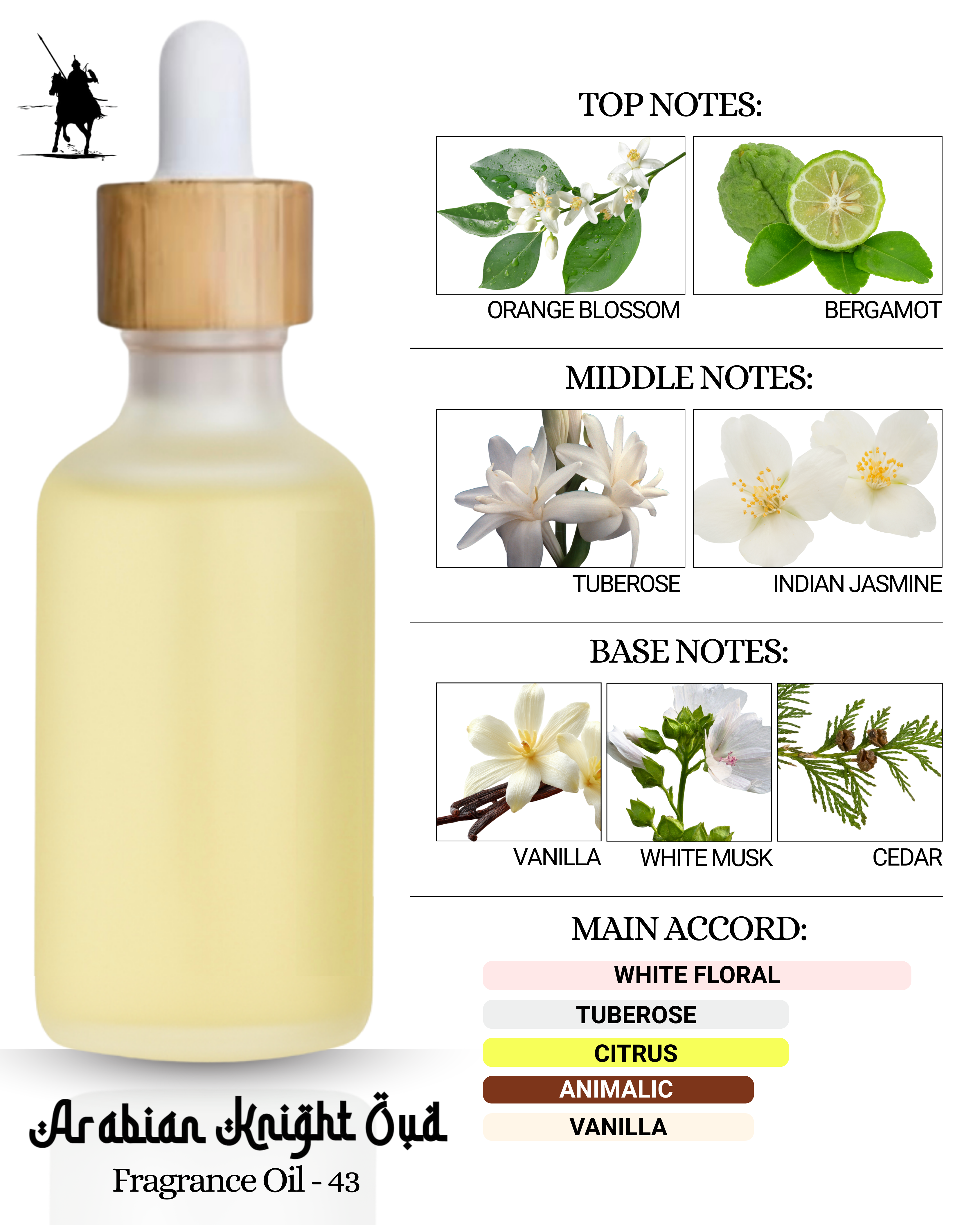 Fragrance Oil 43 – Inspired by Armani Mi Way. Alcohol-free, natural Arabian perfume oil with white floral, tuberose, citrus, animalic, and vanilla notes. 5ml • 10ml • 15ml • 20ml • 30ml
