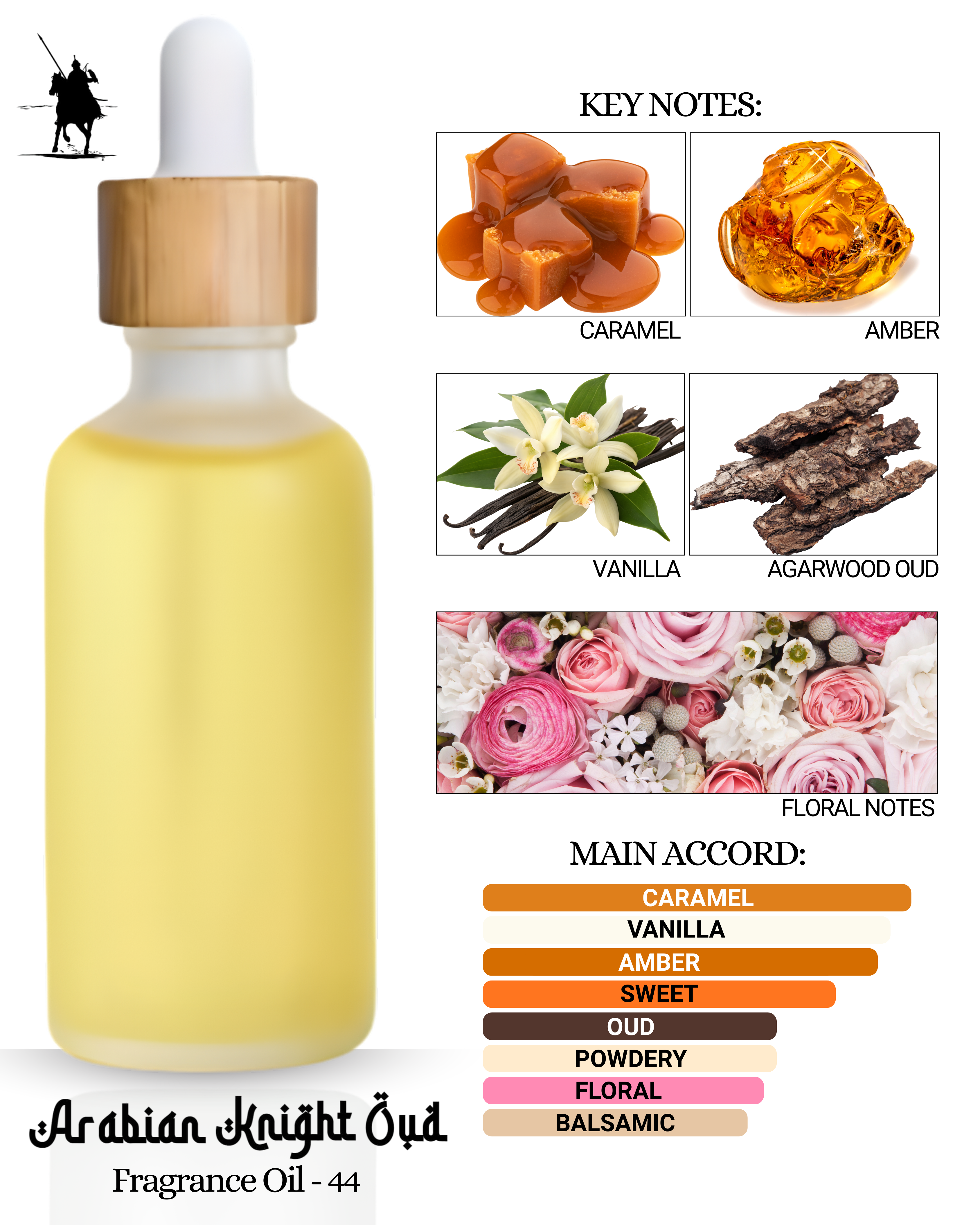Fragrance Oil 44 – Inspired by Golden Sand. Alcohol-free Arabian perfume oil with caramel, vanilla, amber, oud, and floral notes. 5ml • 10ml • 15ml • 20ml • 30ml
