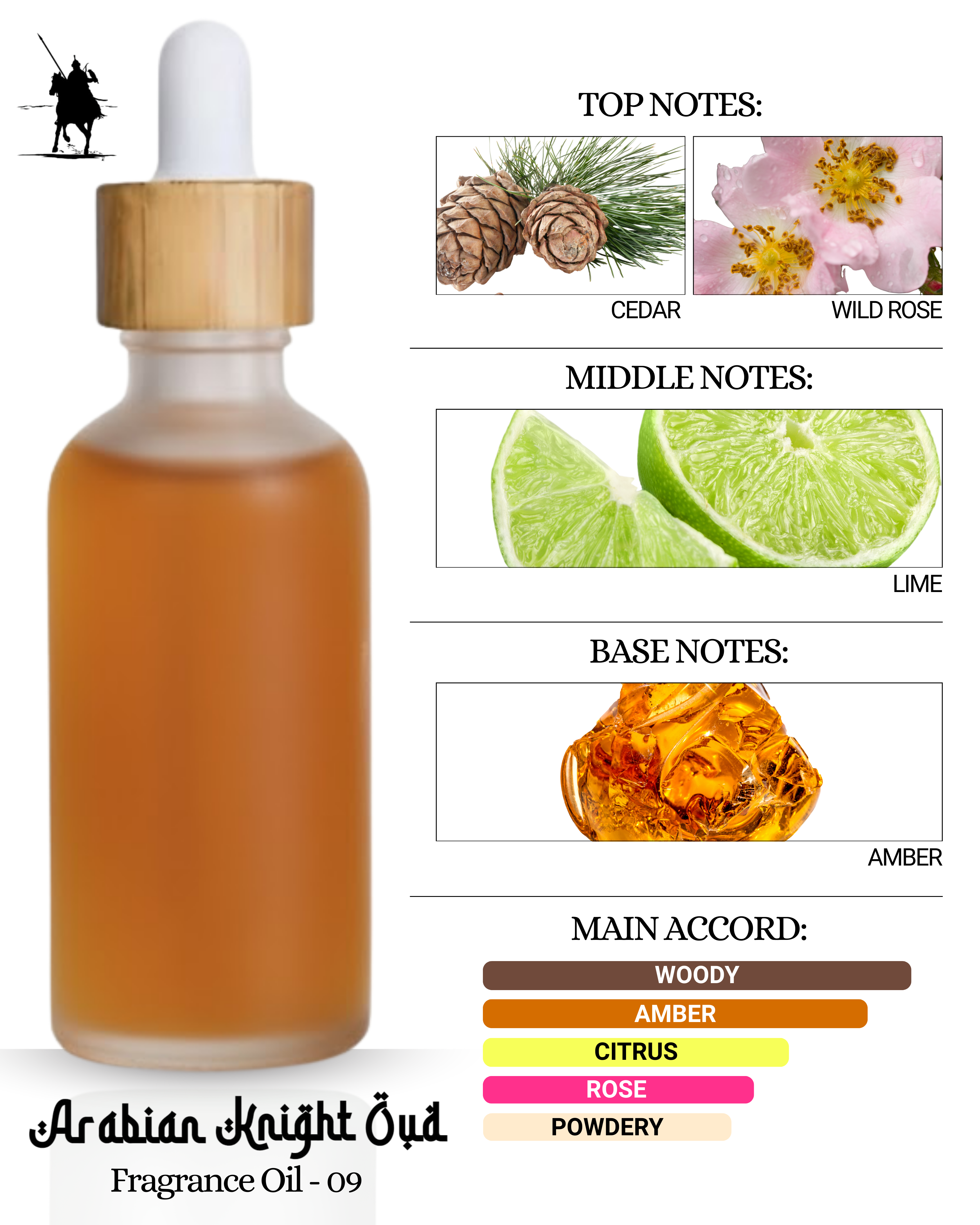 Scent 09 – Inspired by Ehsas Al Arabia. Alcohol-free, natural Arabian perfume oil with woody, amber, citrus, rose, and powdery notes. Available in 5ml • 10ml • 15ml • 20ml • 30ml.