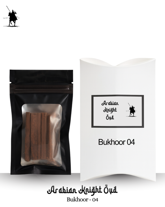 Discover Bukhoor 04 – authentic handmade Sukhari/sandalwood sticks with a warm oriental, woody, amber, and sweet aroma. Long-lasting traditional incense, perfect for homes, salons, spas, and spiritual spaces. 50g.