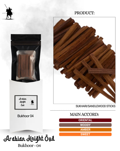 Discover Bukhoor 04 – authentic handmade Sukhari/sandalwood sticks with a warm oriental, woody, amber, and sweet aroma. Long-lasting traditional incense, perfect for homes, salons, spas, and spiritual spaces. 50g.