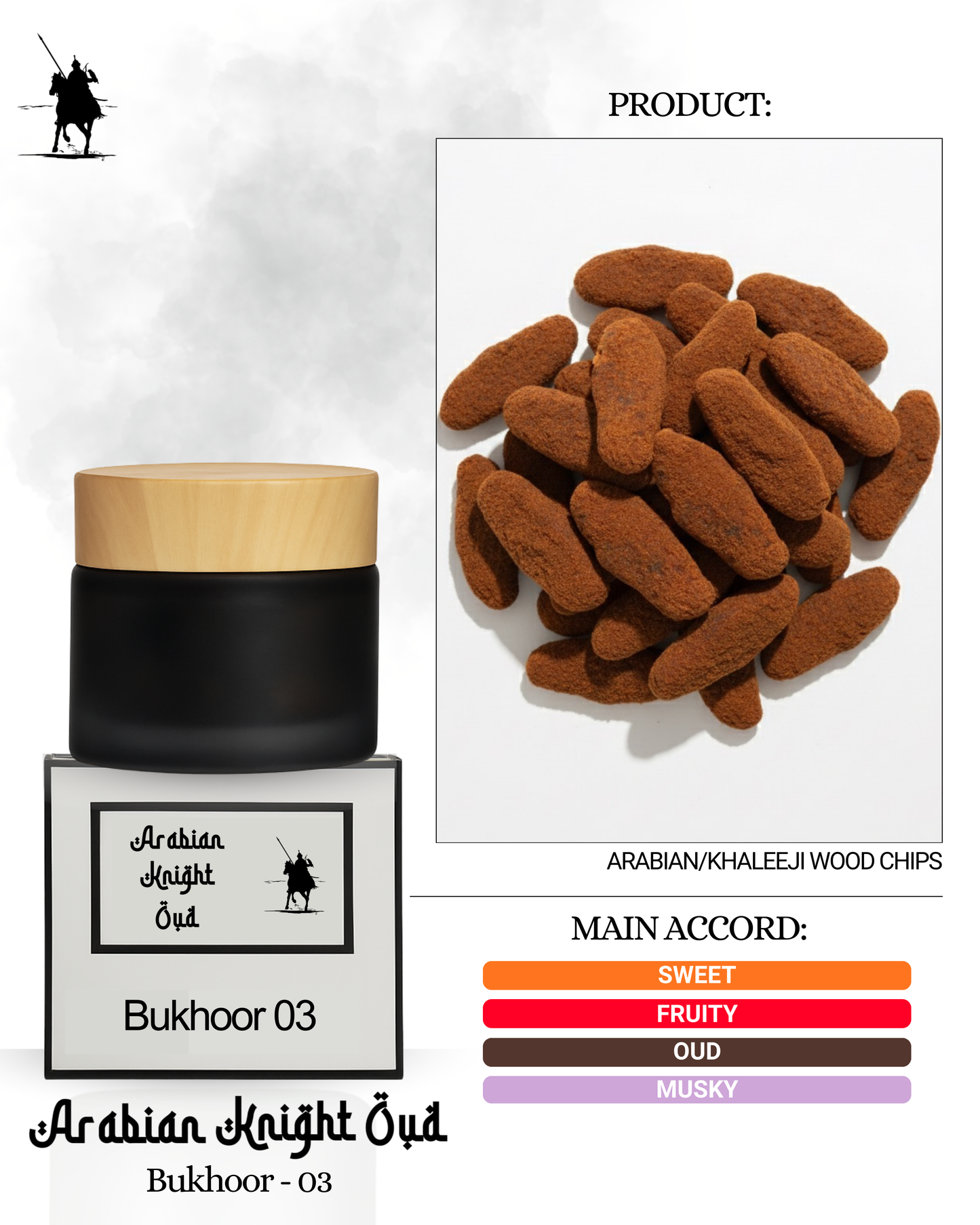 Discover Bukhoor 03 – authentic Arabian Khaleeji wood chips with a rich oud, musky, fruity and sweet aroma. Long-lasting traditional incense perfect for homes, salons, spas and spiritual spaces. 50g.