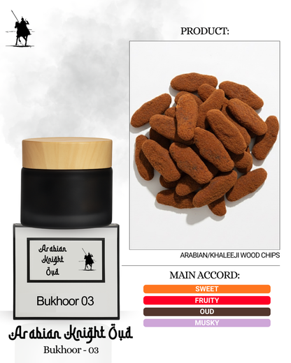 Discover Bukhoor 03 – authentic Arabian Khaleeji wood chips with a rich oud, musky, fruity and sweet aroma. Long-lasting traditional incense perfect for homes, salons, spas and spiritual spaces. 50g.
