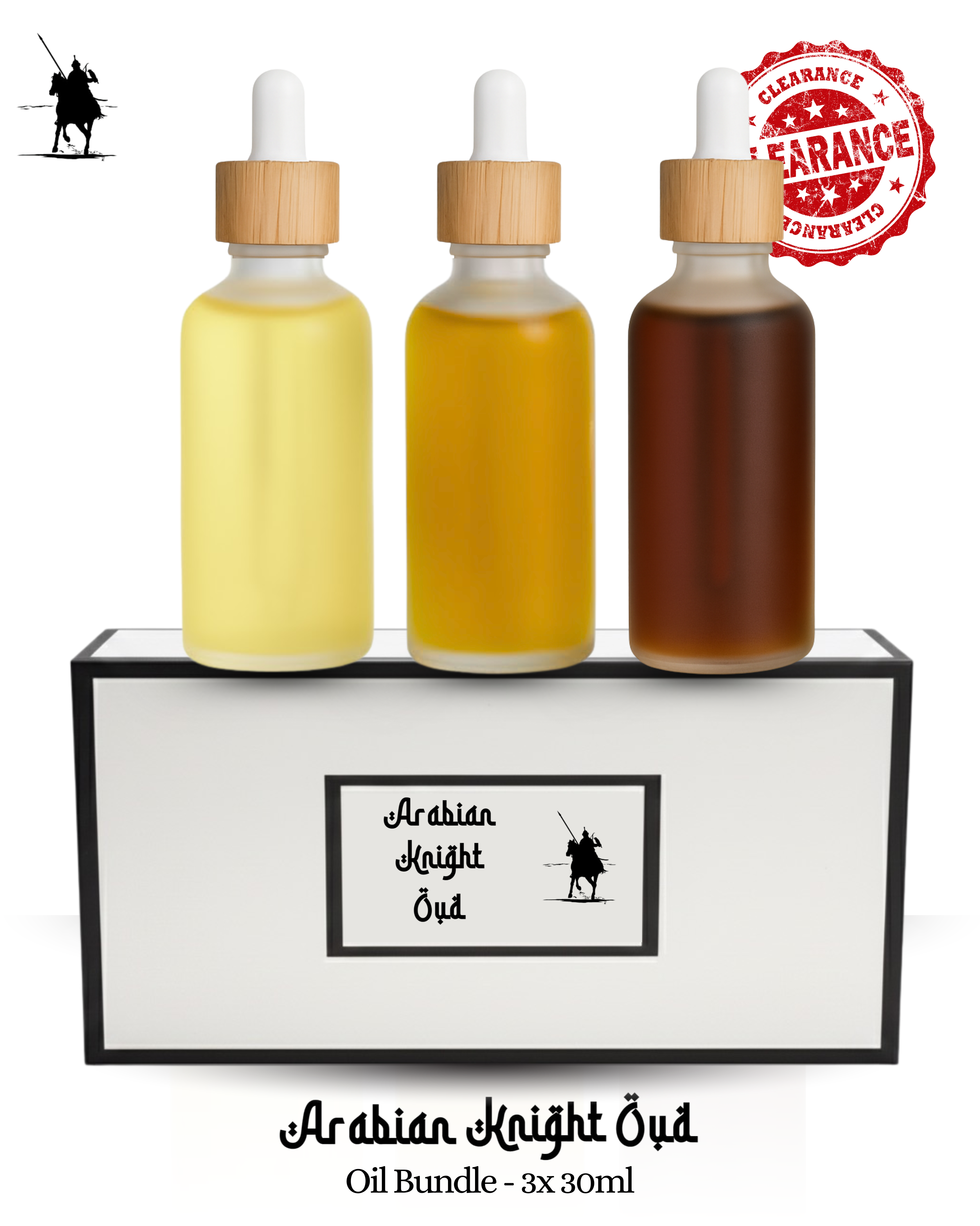 Clearance bundle of 3 x 30ml premium Arabian perfume oils for £75 – save £15. Alcohol-free, natural, long-lasting fragrances. Perfect for gifting or personal use.